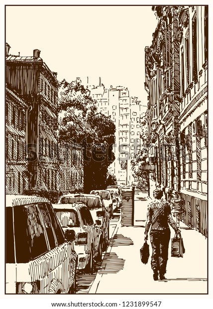 Russia.Moscow. Urban view of the city street with\
buildings, trees, people and cars. Summer day black and hand\
drawing with pen and ink. Western classical trend of book\
illustration and comic\
art.\
