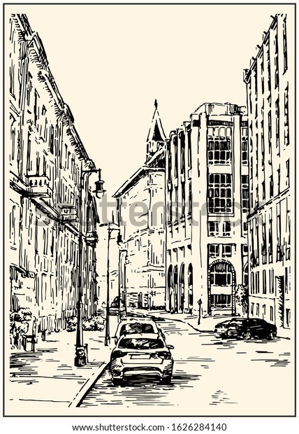 Russia.Moscow. Urban view of the city street\
with buildings and cars. Summer day black and white hand drawing\
with pen and ink. Sketch\
style.\
