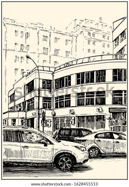Russia.Moscow. Urban view of the city street\
with buildings and cars. Summer day black and white hand drawing\
with pen and ink. Sketch\
style.\
