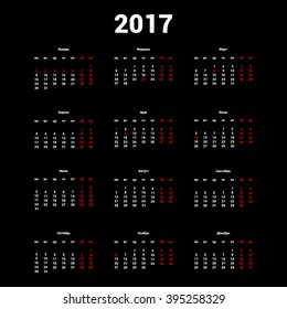 Russian 2017 calendar template in Russian language with Russian official holidays. Classical.Simple design. Minimalistic.Black background. Vectorn illustration.
