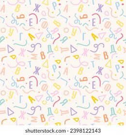 
Russian ABC seamless pattern. Cute alphabet. Playful font print for textile, home decor, kids room wall art. Soft pastel colors – pink, blue, yellow,
soft purple, orange