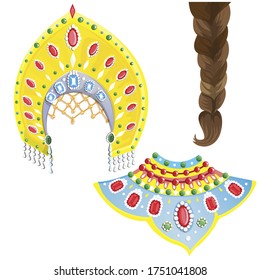 Russian accessories, kokoshnik and part of hair braid. Vector illustration.