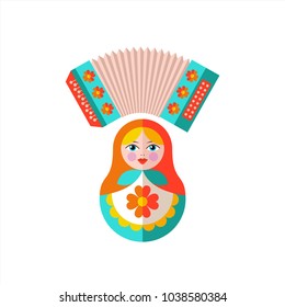 Russian accordion and a Russian doll. Welcome to Russia. Travel to Russia. Set of clipart Russian traditional items. Russian souvenir. Vector illustration.