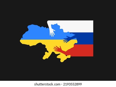 Russian Aggression Against Ukraine. Caricature Picture Of Ukraine Map In Clutches Of Russian Flag. Graphic For Poster, Flag, News, Infographic, Logo. Vector Illustration