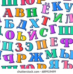Russian alphabet, background, seamless. Colored letters with a serif on a white background. Thin dark blue outline around the letters is offset to the side. 