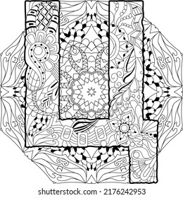 Russian Alphabet Cyrillic Capital letter TS on mandala for coloring. Vector illustration.
