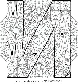 Russian Alphabet Cyrillic Capital letter I on mandala for coloring. Vector illustration.