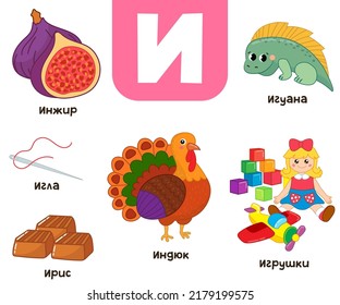 Russian alphabet. Written in Russian fig, iris, needle, turkey, toys, iguana