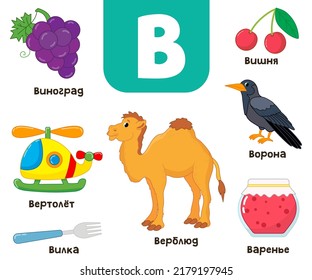 Russisches Alphabet. Auf Russisch geschrieben - Hubschrauber, Kamel, Kirsche, Konfitüre, Weintrauben, Krähen