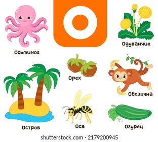 Russian alphabet. Written in Russian octopus, cucumber, dandelion, island, walnut, wasp, monkey