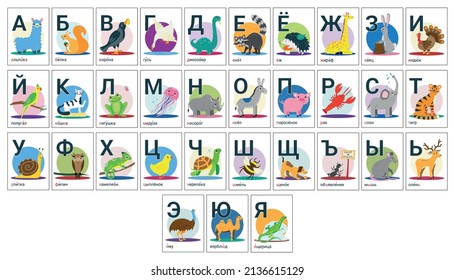 Russian animal alphabet for kids. Russian letters and vector illustrations of cute animals in flat style for learn, education and lesson.