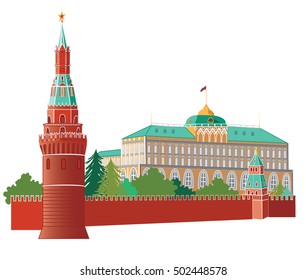 Russian Architecture. Modern flat design. Panorama of Moscow Kremlin. Isolate on white background.