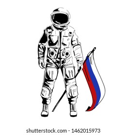 Russian Astronaut taking national flag . Cosmology symbol. Day of cosmology 12 of april. Vector illustration.