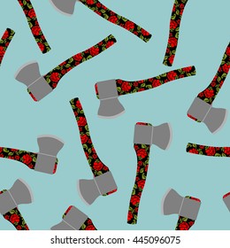 Russian axe seamless pattern. Tools with traditional Russian ornament. Dangerous background of edged weapons.