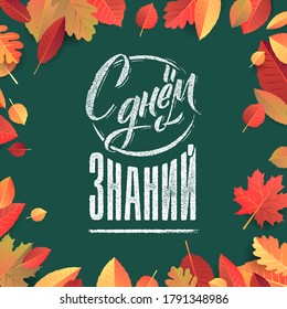 Russian Back to School text drawing by white chalk on Green Chalkboard. Autumn leaves education vector illustration banner. Translation: Welcome Back to School