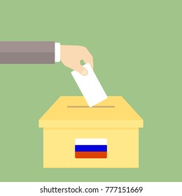 Russian ballot box with hand and voting paper.
