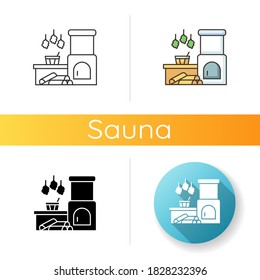Russian banya icon. Linear black and RGB color styles. Traditional bathhouse on firewood. Sauna relaxation. National russian oven with brooms and water bucket isolated vector illustrations