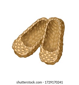 Russian bast bast shoes on a white background. Russian ancient national shoes. Vector isolated illustration.