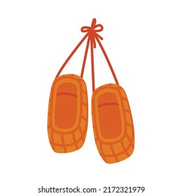 Russian Bast or Straw Shoes Hanging on Rope Vector Illustration