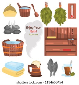 Russian bath color flat icons set for web and mobile design