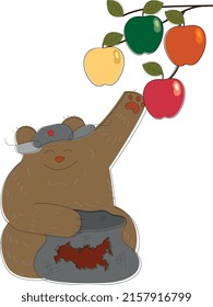 Russian bear collects apples in a bag with a stripe in the form of a map of Russia