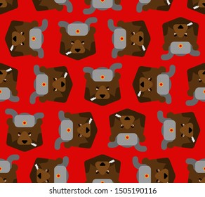 Russian bear with ear flaps pattern seamless. Russia animal face background 