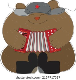 Russian bear in earflaps and felt boots plays the accordion