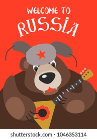 Russian bear in a fur hat playing the balalaika. symbol of Russia. Welcome to Russia. Vector illustration.