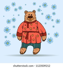 Russian bear, a national character in a suit. A symbol of Russian power, a hero of Russian fairy tales. Hand drawn sketch style on a decorative background. Vector illustration.