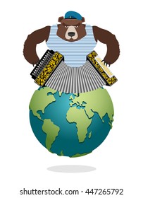 Russian Bear Patriot plays harmonica. Wild animal and Russia accordion. Ferocious serious beast on planet earth
