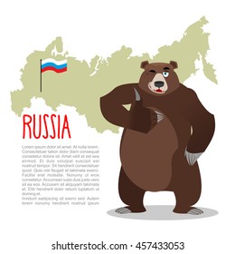 Russian Bear and Russia map. Wild animal showing thumbs up and winking. Good beast sign ok