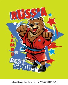 Russian bear wrestler in a red kimono. Vector illustration. 