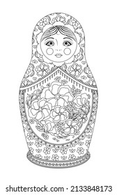 La hermosa muñeca rusa Matreshka en línea al estilo de contorno. Mazo de Matrioska Doll y Floral. Caricatura Color blanco negro. Colorante página del libro para adultos y niños. Imprimir. Fondo blanco. Imagen del vector