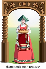 Russian beautiful woman / bread-and-salt welcome / wooden arch