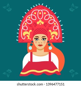 Russian beauty girl in kokoshnik, traditional culture. Vector illustration traditional folk art poster flat design. Red hair woman in folk costumes, carnival theme