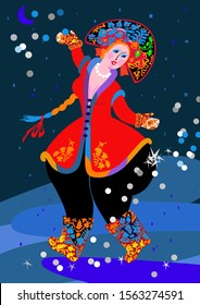 Russian beauty in a national costume on a winter evening walks on the street and plays snowballs. She has a thin waist, lush hips and a long braid. She is wearing a fur coat, mittens, and felt boots w