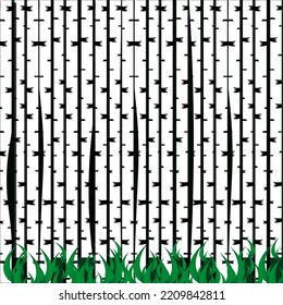 Russian birch forest background with green grass. Summer forest backdrop. Vector illustration with birch tree trunk.