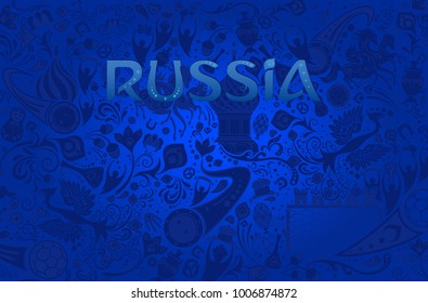 Russian blue background, world of Russia pattern with modern and traditional elements, 2018 trend, vector illustration