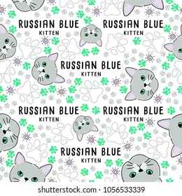 Russian Blue : Cat breed collection : Seamless Pattern : Vector Illustration