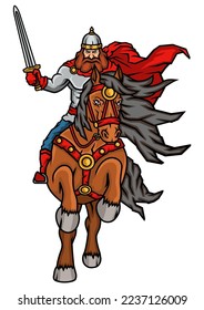 Russian Bogatyr on a horse with a sword in a red cloak, Ilya Muromets, Viking with a sword.