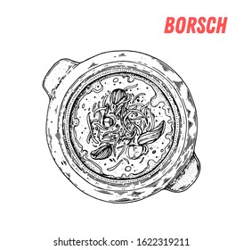 Russian Borscht Soup hand drawn illustration. Russian cuisine. Linear graphic. Food sketch. 