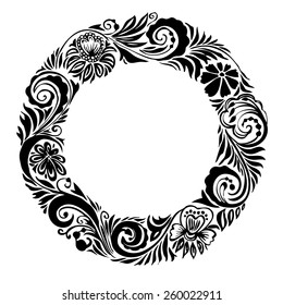 Russian brush painting.Floral ornament in a circle, Leaves, swirls and flowers made in a circular composition.Black and white blank, template. 	 