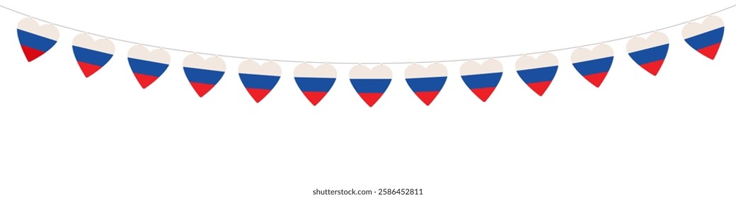 Russian bunting flags on white background. Hearts garland for outdoor party, interior decoration, holidays etc.