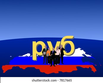 Russian business team with map flag and currency