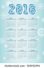 Russian Calendar for 2016 on blue background and snowflakes. Vector calendar for 2016 written in Russian names of the months January, February etc. and the days of the week Monday, Tuesday, etc.