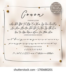 Alfabeto caligráfico ruso. Alfabeto cirílico vectorial. Contiene letras minúsculas y mayúsculas, números y símbolos especiales.