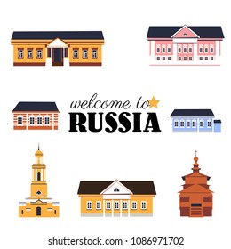 Russian cartoon travel vector rustic buildings, decorative symbols of Russia, church and colorful mansions flat style set isolated on white background for design tourism advertising, infographic icon