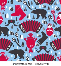 Russian cartoon vector seamless pattern, Welcome to Russia, national famous items, travel sign matryoshka doll, samovar, accordion, felt boots, cap ushanka, decorative symbols in flat style for design