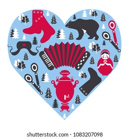 Russian cartoon vector symbols in blue heart frame, Welcome to Russia, national famous items,travel signs matryoshka doll, samovar, accordion, felt boots, cap ushanka, decorative flat style for design