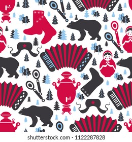 Russian cartoon vector symbols, seamless pattern, Welcome to Russia, national famous items, travel signs matryoshka doll, samovar, accordion, felt boots, cap ushanka, decorative flat style for design